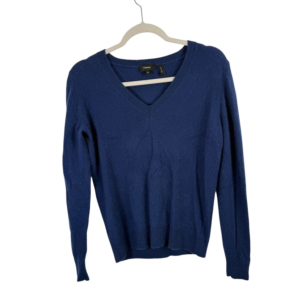 Theory V-Neck Feather Cashmere Sweater Blue Capsule Quiet Luxury Womens Medium - Picture 2 of 10